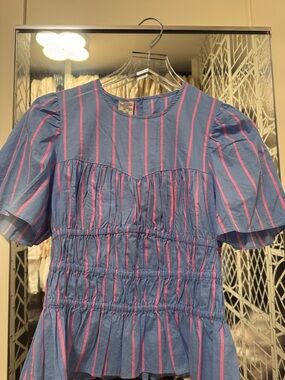 Girls Blue and Pink Stripe Smocked Peplum Top